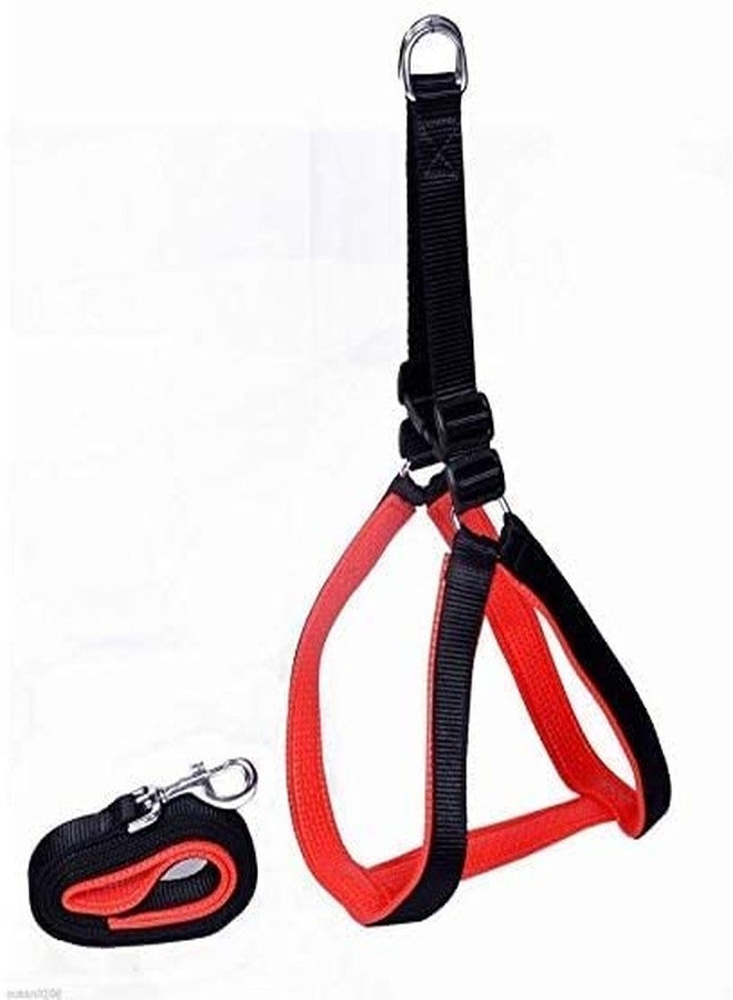 Pups&Pets Pet Nylon Soft Padded Body Reflective Adjustable Breathable Long Set-Leash & Harness Collar for Puppy Outdoor Training and Running Set Black/Red (Medium) - Image 1